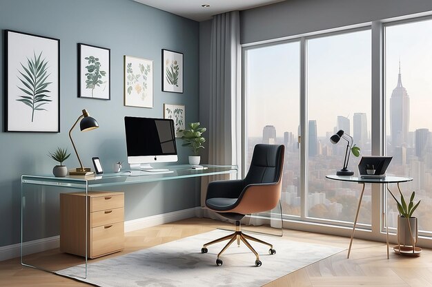 Гладкий прозрачный домашний офис со стеклянным столом векторного искусства