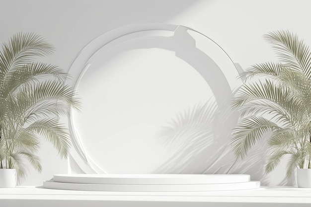 Foto podium bianco elegante per l'esposizione di prodotti adornato con foglie di palma renderizzate in 3d