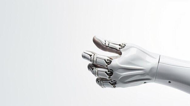 Sleek white robotic hand points in studio reflecting innovation and precision