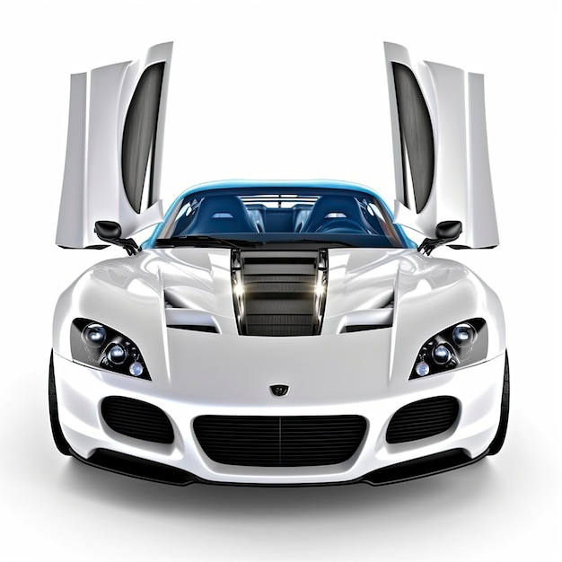 A sleek white sports car with open doors