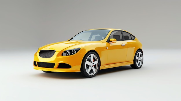 A sleek yellow sports car is shown in a simple studio setting The car is facing the viewer and is lit by a soft light