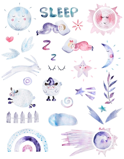 Sleep watercolor set of elements