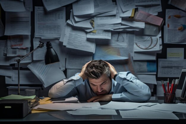 SleepDeprived Executive Battling Overtime Work and Deadlines in a Financial Maze