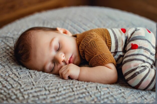 Sleeping baby boy in bed holding a teddy bear
