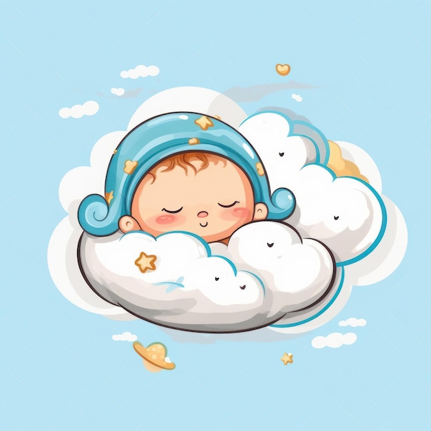 Sleeping baby on a cloud on a white background Cartoon illustration