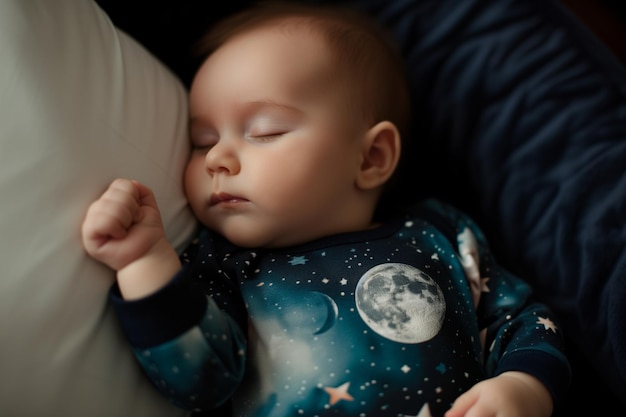 Sleeping baby in a onesie with a night sky and moon print