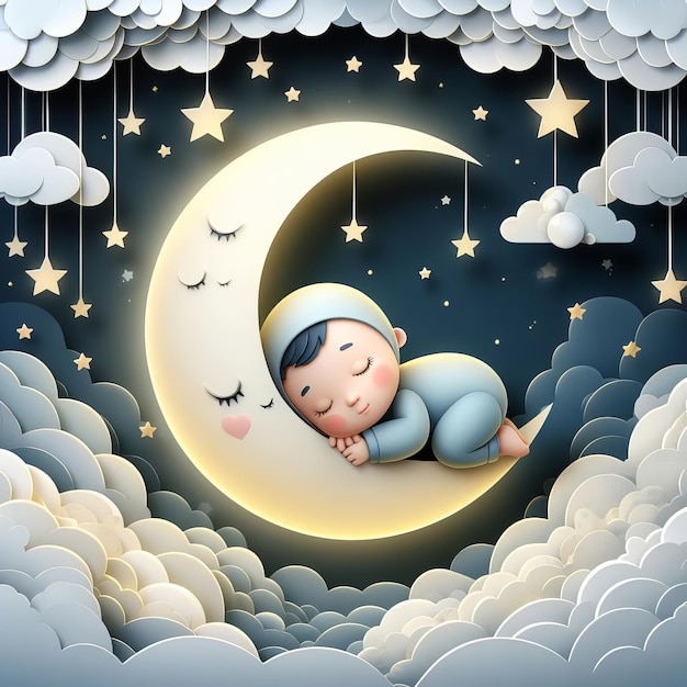 Sleeping baby with moon illustration Paper art poster background Generative Ai