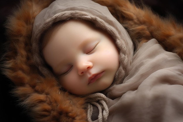 A sleeping baby wrapped in a brown blanket resting peacefully and serenely portrait of a beautiful sleeping baby AI Generated