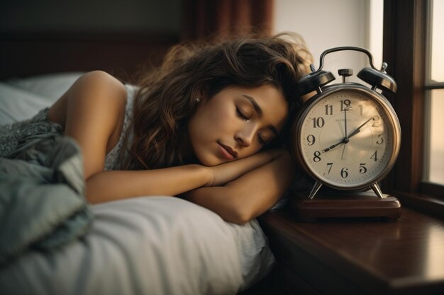 Sleeping beautiful woman with alarm clock ar c