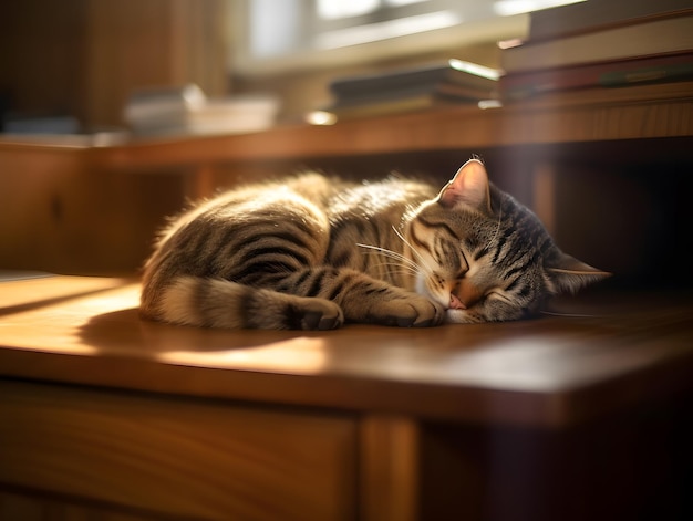 A sleeping cat curled up in a sunbeam on an empty desk