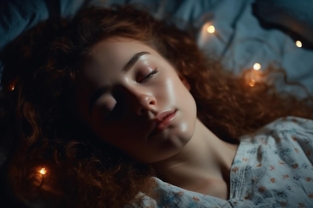 Фото Спящая кавказская женщина в постели дома вид сверху, созданный с помощью технологии генеративного искусственного интеллекта
