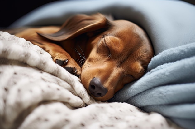 Photo sleeping dachshund in bed with human