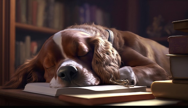 本を読んだ後に眠る犬