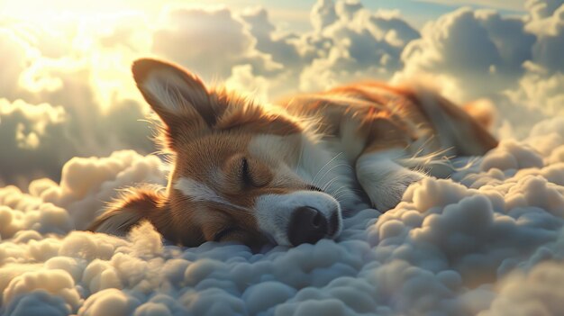 Foto cane addormentato che sogna nelle nuvole generativo ai