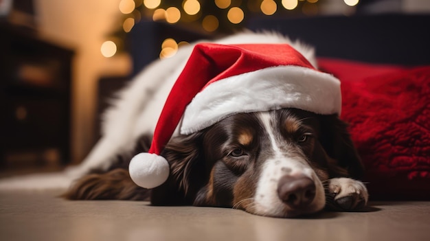 クリスマスの赤いサンタクロースの帽子を着た眠っている犬がクリスマスツリーや他の装飾をしています