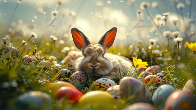 Спящий пасхальный кролик, окруженный декоративными яйцами