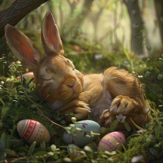 Фото Спящий пасхальный кролик, окруженный декоративными яйцами