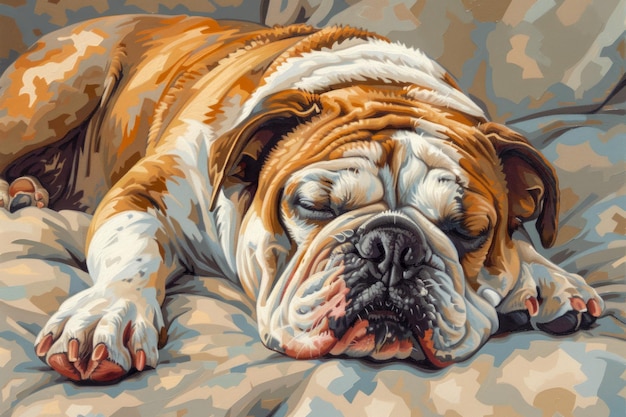 Photo sleeping english bulldog illustration on cozy patterned bedding domestic animal rest