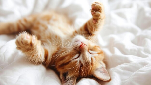 Sleeping Ginger Kitten on a Fluffy White Blanket The Epitome of Comfort and Cuteness