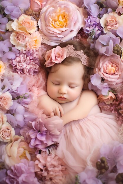 Фото Спящая новорожденная девочка в повязке на голове на меховом фоне
