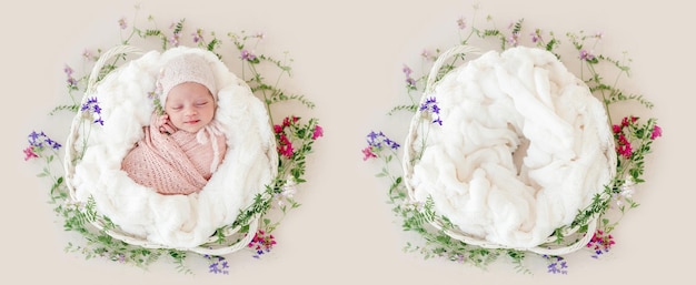 아기 사진 촬영을 위해 아기와 스튜디오 가구와 함께 콜라지를 은 꽃으로 바구니에 싸인 잠자는 신생아 소녀