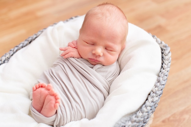 Sleeping newborn baby in the gray basket 