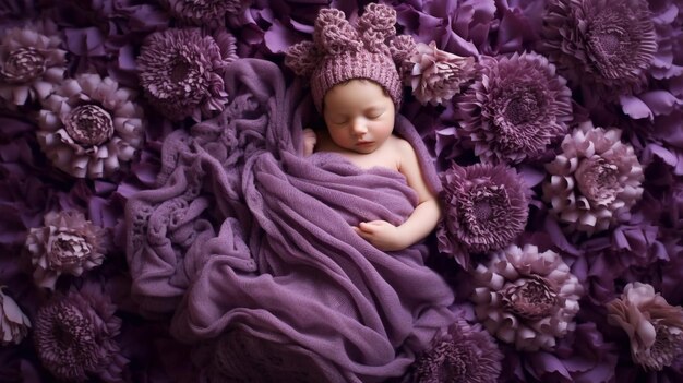 Sleeping newborn girl on a background of natural brown wood in a wicker basket in purple theme