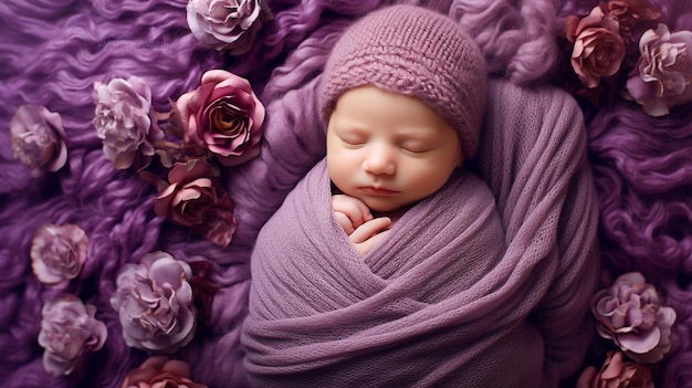 Sleeping newborn girl on a background of natural brown wood in a wicker basket in purple theme