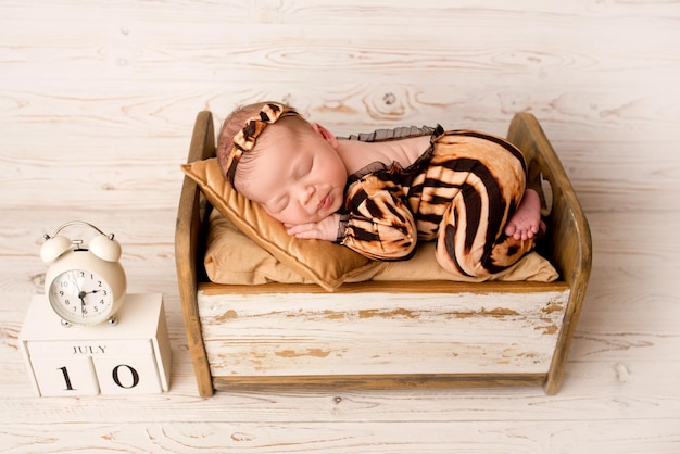 ベビーベッドで生後数日で眠っている新生児の女の子 子供のマクロ スタジオ ポートレート 虎の子の画像 虎のパジャマを着た生まれたばかりの赤ちゃん 黒とオレンジの縞模様の子供服