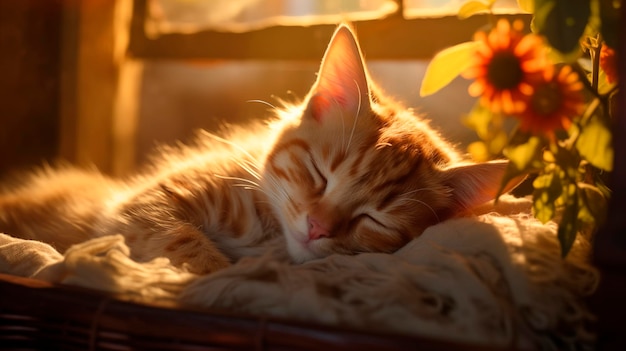 Спящий красный котенок теплые солнечные лучи здоровый сон в уютной атмосфере кошка отдыхает