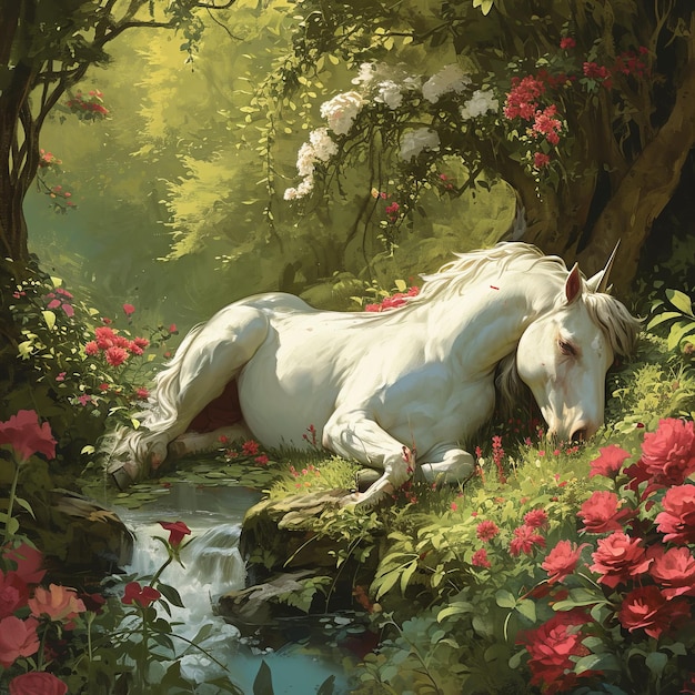 A sleeping unicorn in a peaceful enchanted garden a lush garden with exotic flowers and a gentle