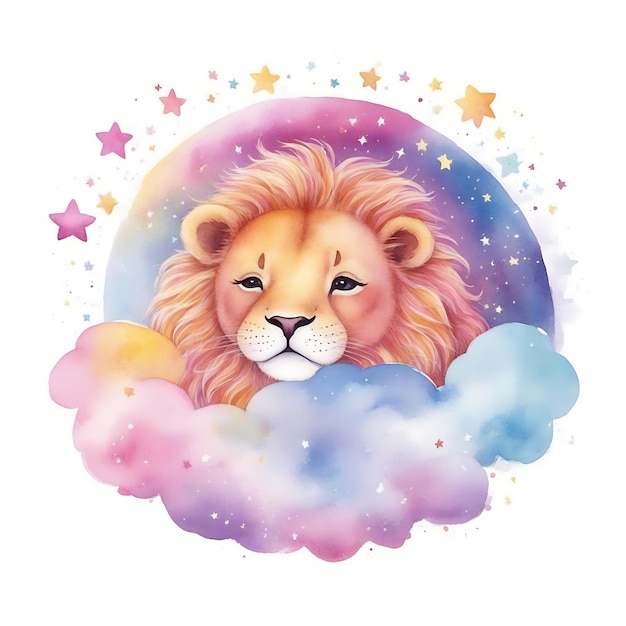 하늘 에서 잘 자고 있는 귀여운 만화 그림 - 구름 에서 잠을 자는 작은 사자