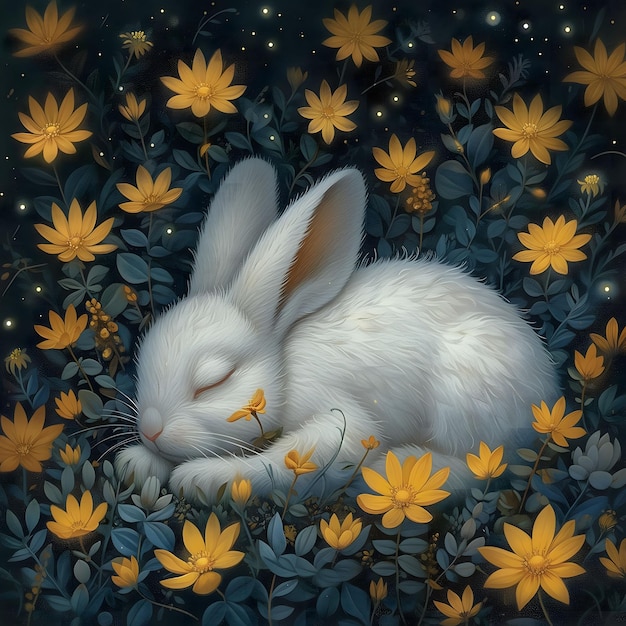 Sleeping White Rabbit with Luminous Blossoms and Detailed Foliage Childlike Illustrations