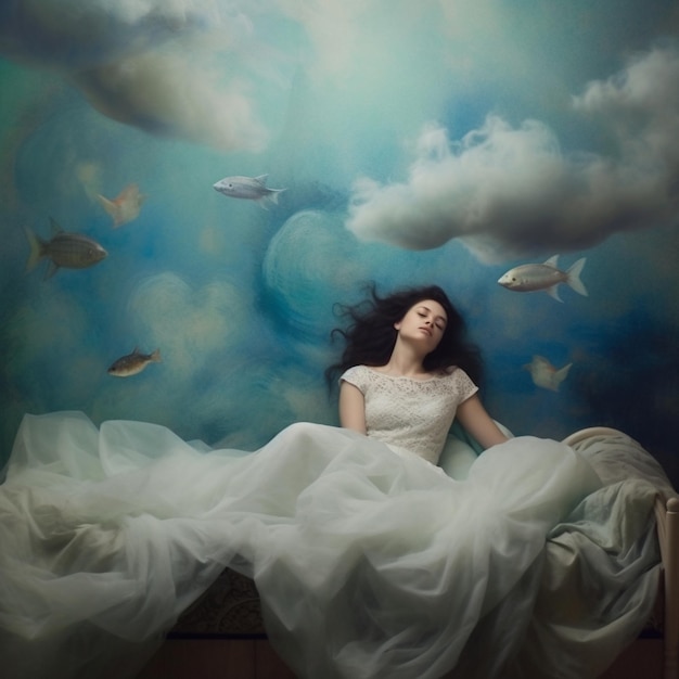 A sleeping woman is floating trough the dream