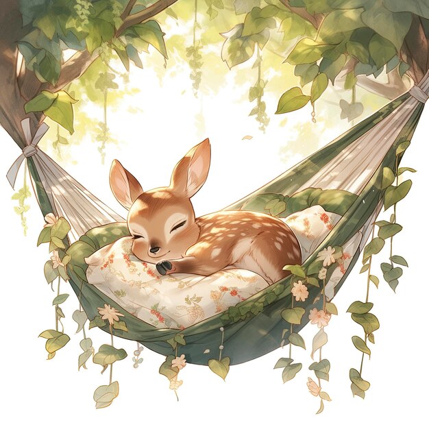 Photo a sleepy baby deer in a hammock watercolor illustration