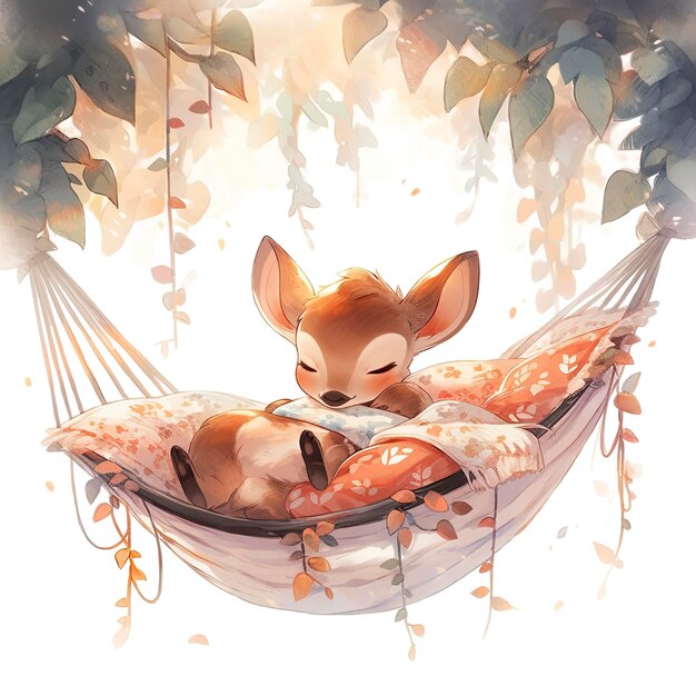 A sleepy baby deer in a hammock watercolor illustration