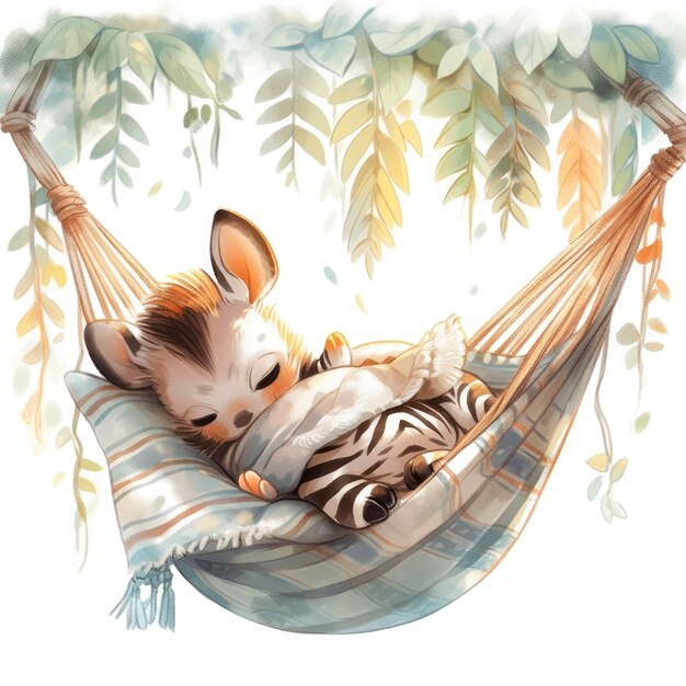 A sleepy baby zebra in a hammock watercolor illustrations