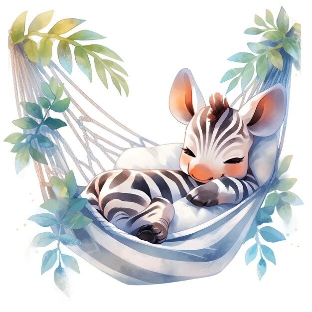 A sleepy baby zebra in a hammock watercolor illustrations