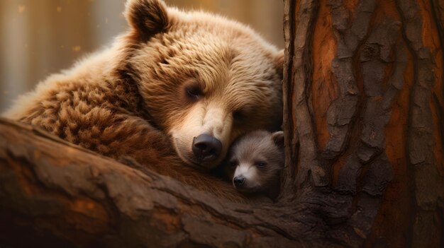 Sleepy bear cub nestled against its mothers side