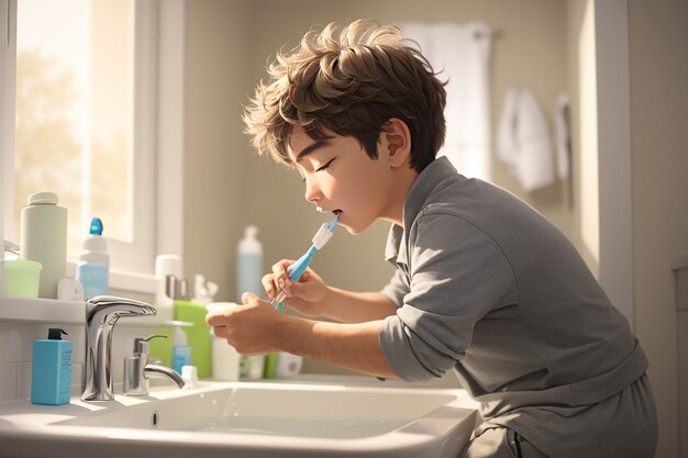 Photo the sleepy boy is waking up and brushing the teeth in the bathroom