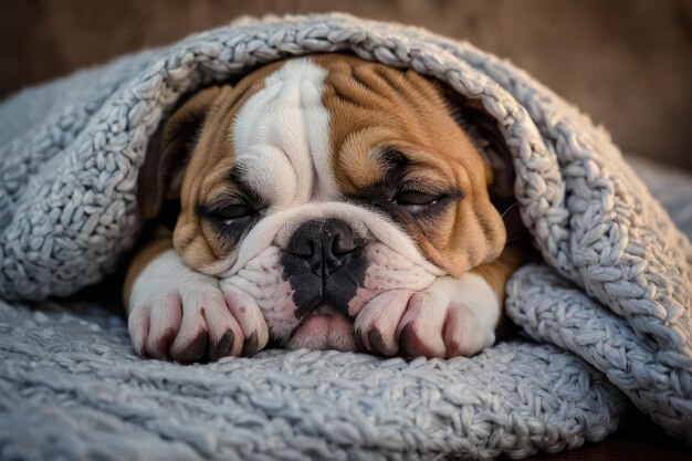 Sleepy bulldog cuddled in cozy blanket
