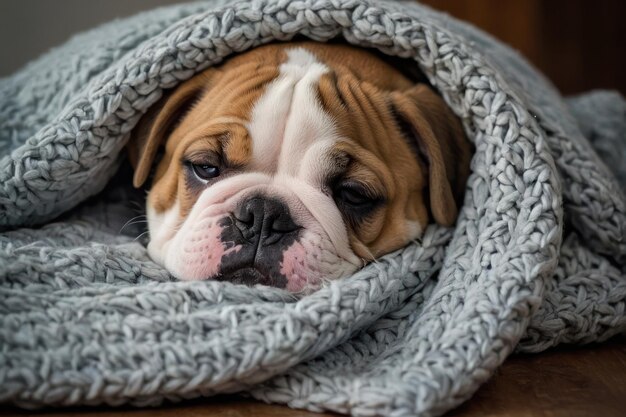 Sleepy bulldog cuddled in cozy blanket