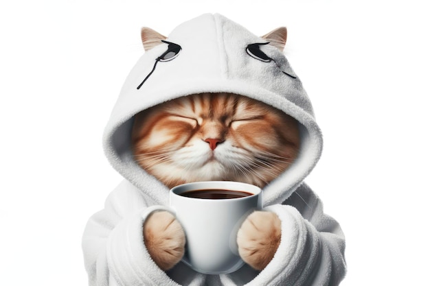 sleepy cat in bathrobe holding cup of coffee on a white background