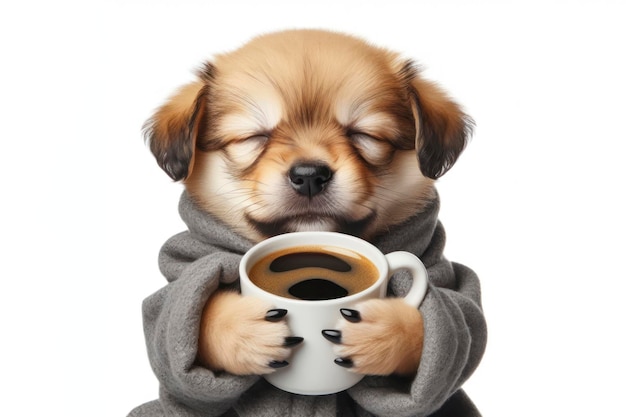 sleepy cute pug dog puppy holding cup of coffee isolated on solid white background