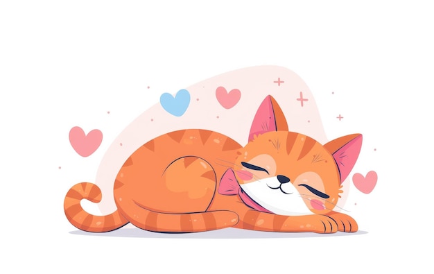 Sleepy cute red watercolor cat with pink bow Cartoon vector Illustration isolated on white background