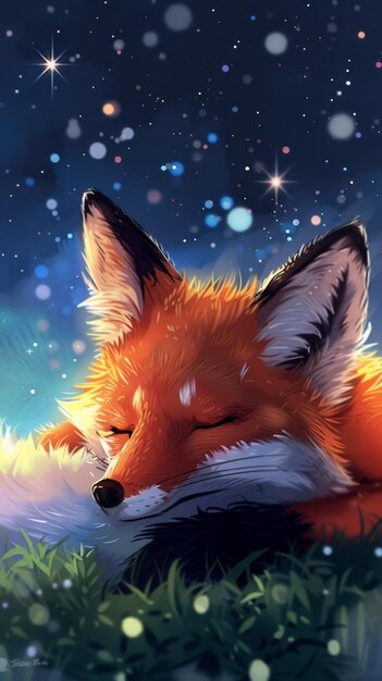 Photo sleepy fox in a starry night