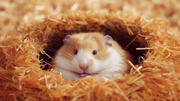 Photo a sleepy hamster curled up in a fluffy nest of hay ai generated
