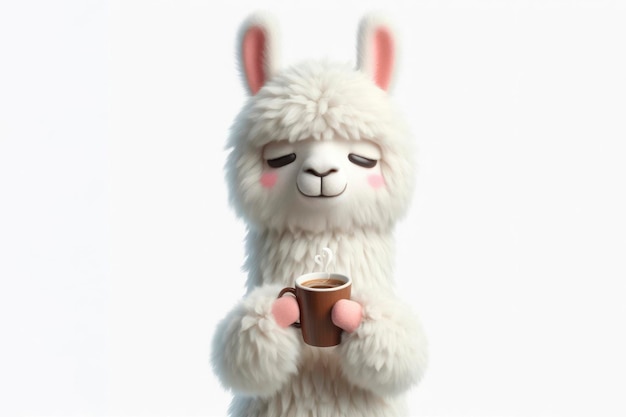 sleepy llama holding cup of coffee isolated on solid white background