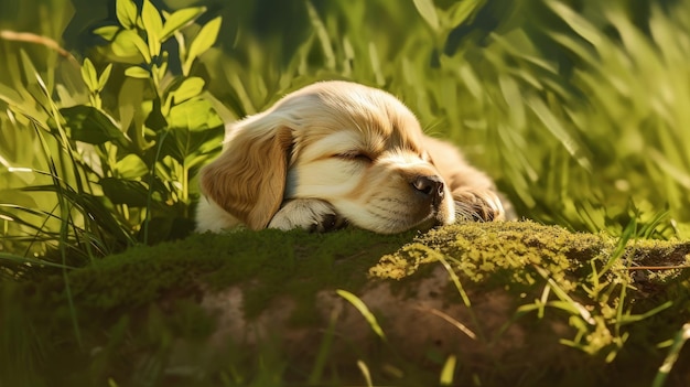 A sleepy puppy dozing off on a sunny patch of grass AI generated