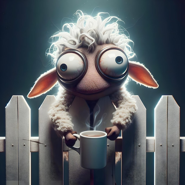 Photo sleepy sheep on picket fence with coffee mug